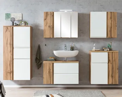 Produktbild von Badmöbel Set mit Midischrank, stehend oder hängend, in Wotan Eiche Nb. mit weiß matt, VASTO-03-WHITE, B/H/T ca. 245/200/35 cm