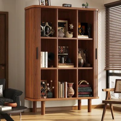 Produktbild von STILVORA Hochschrank mit Rollladentür und geriffelter Front, Beistellschrank mit abgerundeten Kanten, Aufbewahrungsschrank mit Massivholzbeinen