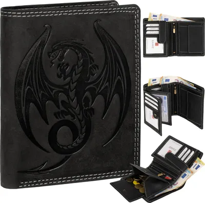 Produktbild von RFID Büffel Echt Leder Geldbörse Portemonnaie Herren mit geprägtem Motiv  Schwarz Hochformat Drache