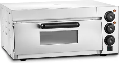 A stainless steel commercial pizza oven is shown against a white background.