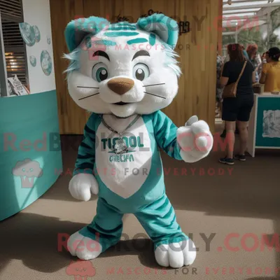 Produktbild von Teal REDBROKOLY Tiger Maskottchen Kostüm Figur bekleidet mit einem Henley-T-Shirt und Haarnadeln