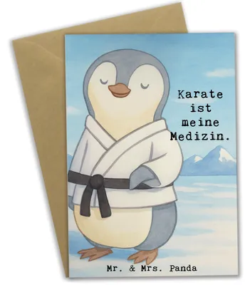 Produktbild von Mr. & Mrs. Panda Grußkarte Pinguin Karate Design - Weiß - Geschenk, weihnachtskarten, einladungskarten, Verein, osterkarten, Selbstverteidigung, dankeskarten, Kampfkunst