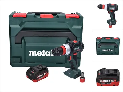 A collage of images showing a Metabo cordless drill, its case, and batteries.