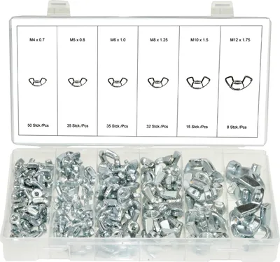 Produktbild von Flügelmuttern-Sortiment / Schmetterling-Muttern, 175-tlg. M4 M5 M6 M8 M10 M12