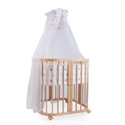 Image de Waldin lit bébé lit d'enfant 7en1 avec matelas, lit d'enfant évolutif,tissus étoiles roses,bois naturel