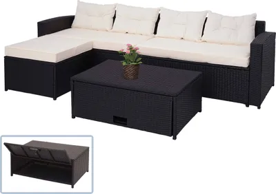 A black poly-rattan sectional sofa with cream cushions and a matching coffee table with storage is displayed on a white background. A small inset image shows the coffee table with its lid open, revealing storage space.