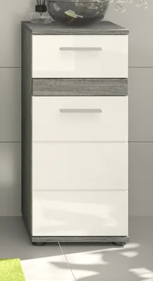 Produktbild von Badezimmer Kommode "Bailey" weiß Hochglanz und Rauchsilber grau Badschrank 35 cm