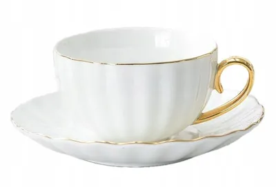 Produktbild von Porzellan Tasse mit Untertasse 220 ml Weiß Gold – Elegante Kaffeetasse mit Goldrand, Klassisches Teeset Geriffelt