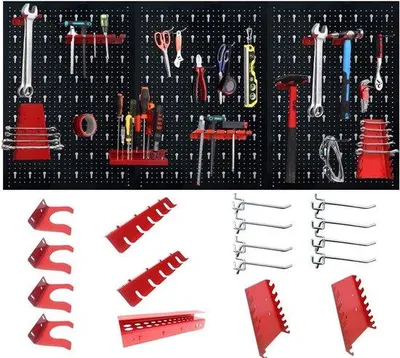 Produktbild von Famanu Werkzeugwand mit 17-teiligem Hakenset - 120 x 60 x 2 cm, schwarz und rot