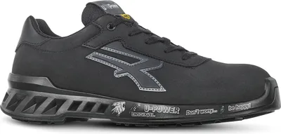 A studio shot of a black safety shoe.