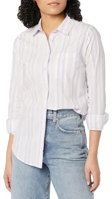 Produktbild von Amazon Essentials Damenhemd, Klassische Passform, langärmelig, Button-Down-Popeline, Flieder, Weiß, gestreift, X-Small