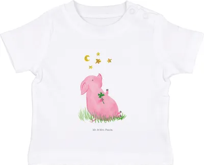 Produktbild von Mr. & Mrs. Panda  T-Shirt Schwein Glück 0. - 6. Monat - Weiß - Geschenk, Träume, Lustige Sprüche, Babyshirt, Ziele, Baby Oberteil, Kinder, Sterne, Motivation, Shirt