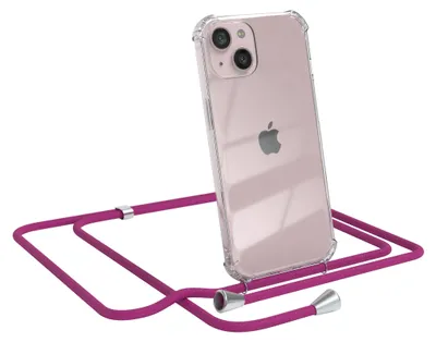 A pink iPhone 13 in a clear protective case with a pink lanyard is shown against a white background.