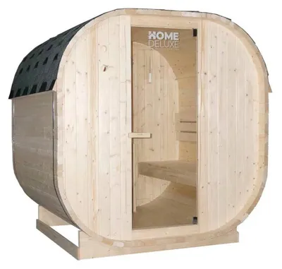 Produktbild von HOME DELUXE - Outdoor Sauna CUBE L - Maße: ca. 194 cm x 185 cm x 180 cm, Holz: Fichtenholz - inkl. Saunaofen und Saunazubehör I Gartensauna, Außensauna, Sauna Fass für 4 Personen