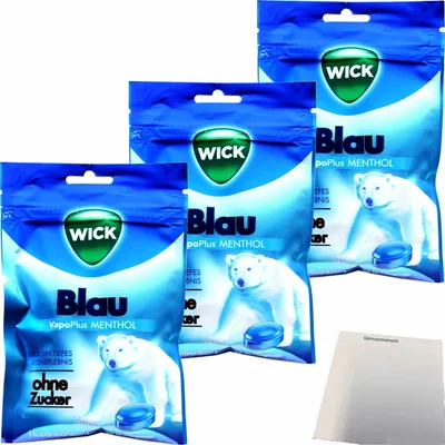 Produktbild von Wick Blau Menthol Zuckerfrei 3er Pack (3x72g Beutel) + usy Block