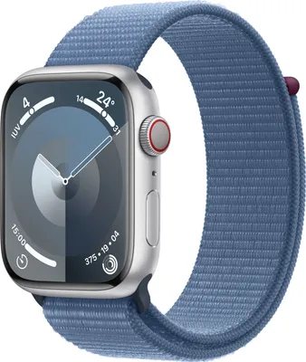 Produktbild von APPLE Watch Series 9 GPS + Cellular 45mm Silver Aluminium Case with Winter Blue Sport Loop (MRMJ3QF/A)
