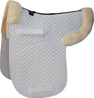 Produktbild von Engel Reitsport Satteldecke SADEK2 Lammfell & Baumwollsteppstoff, Fell in Sattellage, Fellkranz vorne & hinten, Weiss-Med./Natur-D (Dressur)