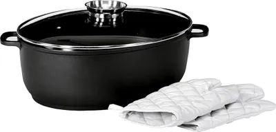 Produktbild von KARL KRÜGER Pekáč na husu Leipzig se skleněným víkem a chuťovým knoflíkem 11l včetně 1 páru rukavic