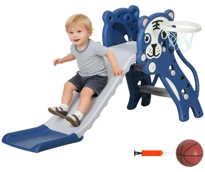 Productafbeelding van 3-in-1 kinderglijbaan met klimrek en basketbalring, peuterglijbaan, cartoonontwerp voor peuters van 18-36 maanden, blauw