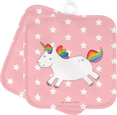 Produktbild von Mr. & Mrs. Panda Topflappen Einhorn Happy - Rot Pastell - Geschenk, Freude, Witzig, Spaß, Einhörner, Lachen, Topfuntersetzer, Kochlappen, Set, Unicorn, Ofenlappen
