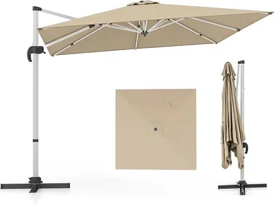 Imagen del producto de Sombrilla giratoria de 360°, gran sombrilla tipo marquesina con manivela y sombrilla giratoria, sombrilla de mercado beige de 300 x 300 cm