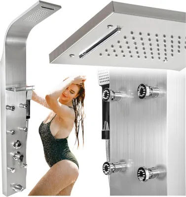 A collage of images showing a shower panel system with a woman using it and close-ups of its features.