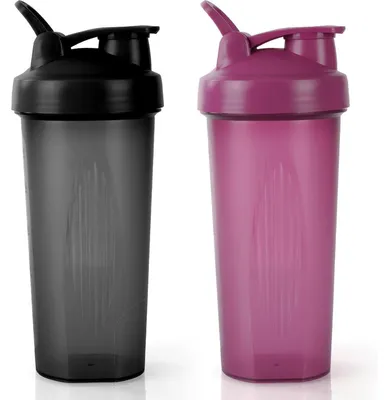 Productafbeelding van Proteïneshaker van 600 ml met meetstreep, handvat en mengbol, BPA-vrij, lekvrij, zwart en paars