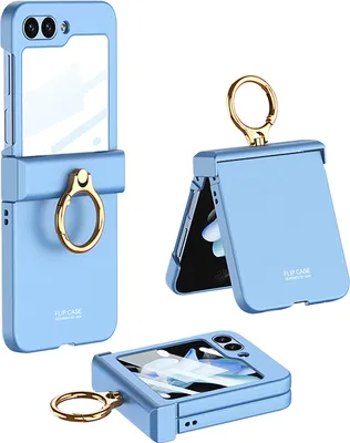 A collage of a blue flip phone case with a gold ring stand, shown from multiple angles.