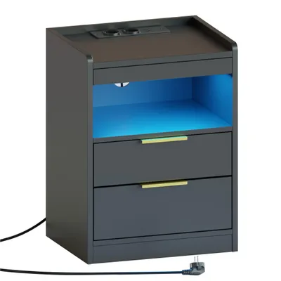 Produktbild von Mondeer Nachttisch mit LED-Beleuchtung & USB-Ladestation, Moderner Beistelltisch mit 2 Steckdosen, Doppel-USB, 3 Schubladen und Staufach Schwarz