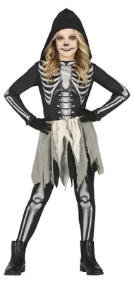 Productafbeelding van Skelettenkostuum, monsterjurk, Halloween, nacht, griezelig, geestenkap, spookachtig, lange mantel, eng, feestelijk, donkere magie, angst, feest, horror. Skelet, maat: 110/116, kleur: zwart