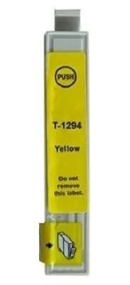 A yellow ink cartridge with text and a push button.