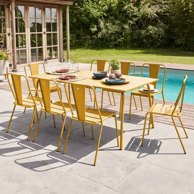 Immagine prodotto di Tavolo da giardino e 8 sedie da bistrot in acciaio giallo - Oviala Palavas