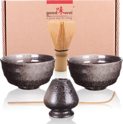 Produktbild von Matcha Duo Set "Goma" mit 2 Schalen, Besen & Besenhalter – stilvolles Starterset für zwei Genießer der Matcha-Zeremonie