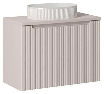 Image de Ensemble VANO cachemire mat 80cm : meuble sous vasque à placards + plan pour vasque + vasque à poser rainurée blanche
