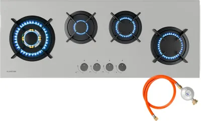 Image de Klarstein Goldflame 4 Slim Plaque De Cuisson Gaz, 4 Brûleurs En Laiton, 3,4k W, Allumage SnapJet, Sécurité Anti-extinction de Flamme, Acier Inoxydable, Plaque Gaz Compacte Avec Tuyau & Réducteur Inclus