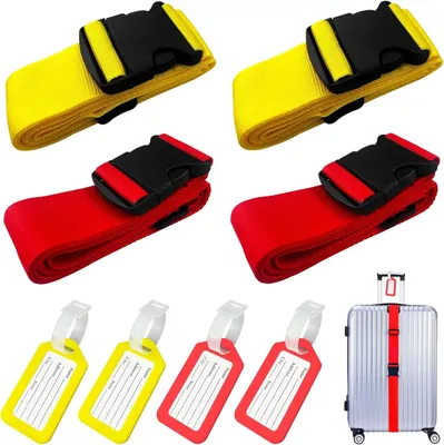 Produktbild von 4 Stück Kofferband mit 4 Stück Gepäckanhänger Set(2rote + 2gelbe), Verstellbare Rutschfestes Reisezube, Gepäck schnell identifizieren, Sicher Reisen für Koffer, für Gepäck Reisetasche Koffer