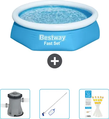 Produktbild von Bestway runder aufblasbarer Fast-Set-Pool – 244 x 61 cm – Blau – im Lieferumfang enthalten Pumpe - Reinigungskit - Teststreifen