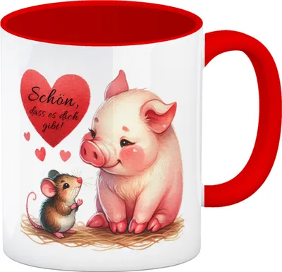 Produktbild von Schwein mit Maus und Herz Kaffeebecher in rot mit Spruch Schön dass es dich gibt
