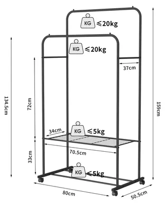 Zdjęcie produktu dla Wieszak na ubrania - metalowa garderoba na kółkach - wytrzymała konstrukcja - z półkami na buty - wymiary: 80,5 x 51 x 159 cm - kolor: czarny