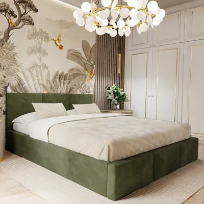 A bedroom scene featuring a bed, wardrobe, and decorative wallpaper.