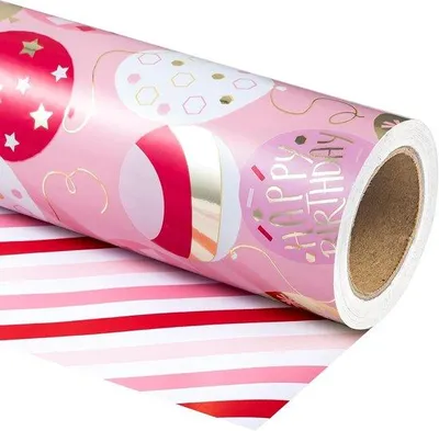 Productafbeelding van Omkeerbaar inpakpapier voor verjaardagen - Glanzend metallic roze en strepen - 43,2 cm x 10 m