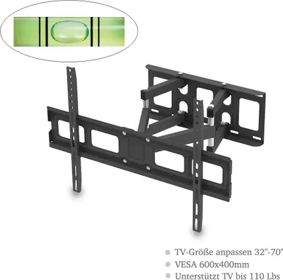 A black TV wall mount is shown against a white background, with a close-up of a bubble level in the top left corner.