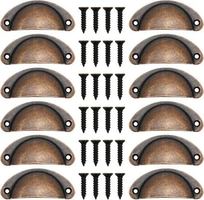 Productafbeelding van 12 schelpvormige handgrepen, vintage ladeknoppen, handgrepen en knoppen voor keukenkastjes, meubeldeuren, lades, enz., in geborsteld roodbrons.