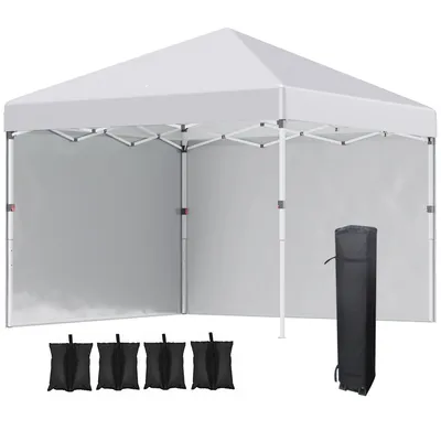 A white pop-up tent with side walls, along with sandbags and a carrying bag.