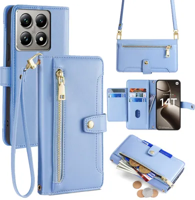 Produktbild von Handykette für Xiaomi 14T Pro – Kunstleder Hülle mit Band, Kartenfächer & Umhängetasche Hellblau