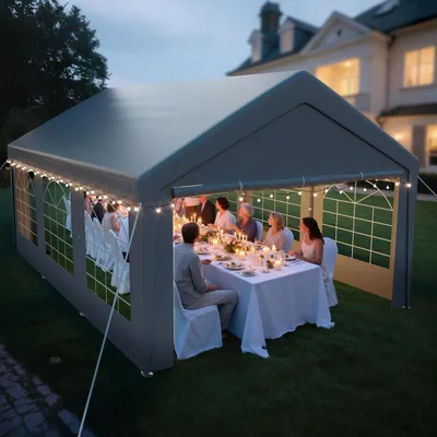 Produktbild von Pavillon 4x6m mit 2 Seitenwänden & 2 Giebelteilen Grau Stahl PE-Plane