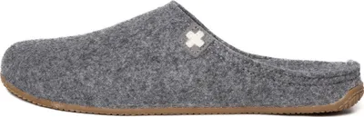 A side view of a gray felt slipper with a white cross logo on the side and a brown sole.