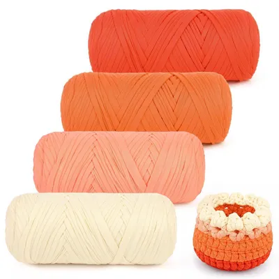 Image de Fil à tricoter pour mailles ajourées, type fil pour t-shirts, dégradé de couleur orange, 4 pelotes de 200g, 100% polyester, épaisseur 2 cm