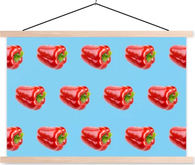 Produktbild von MuchoWow® Textilposter Paprika - Gemüse - Muster - Blau 120x80 cm mit holzfarbenen Rahmen - Aufhängeset