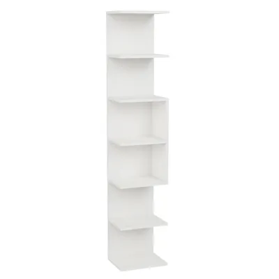 A tall, narrow, white shelving unit with six staggered shelves, presented against a plain white background.